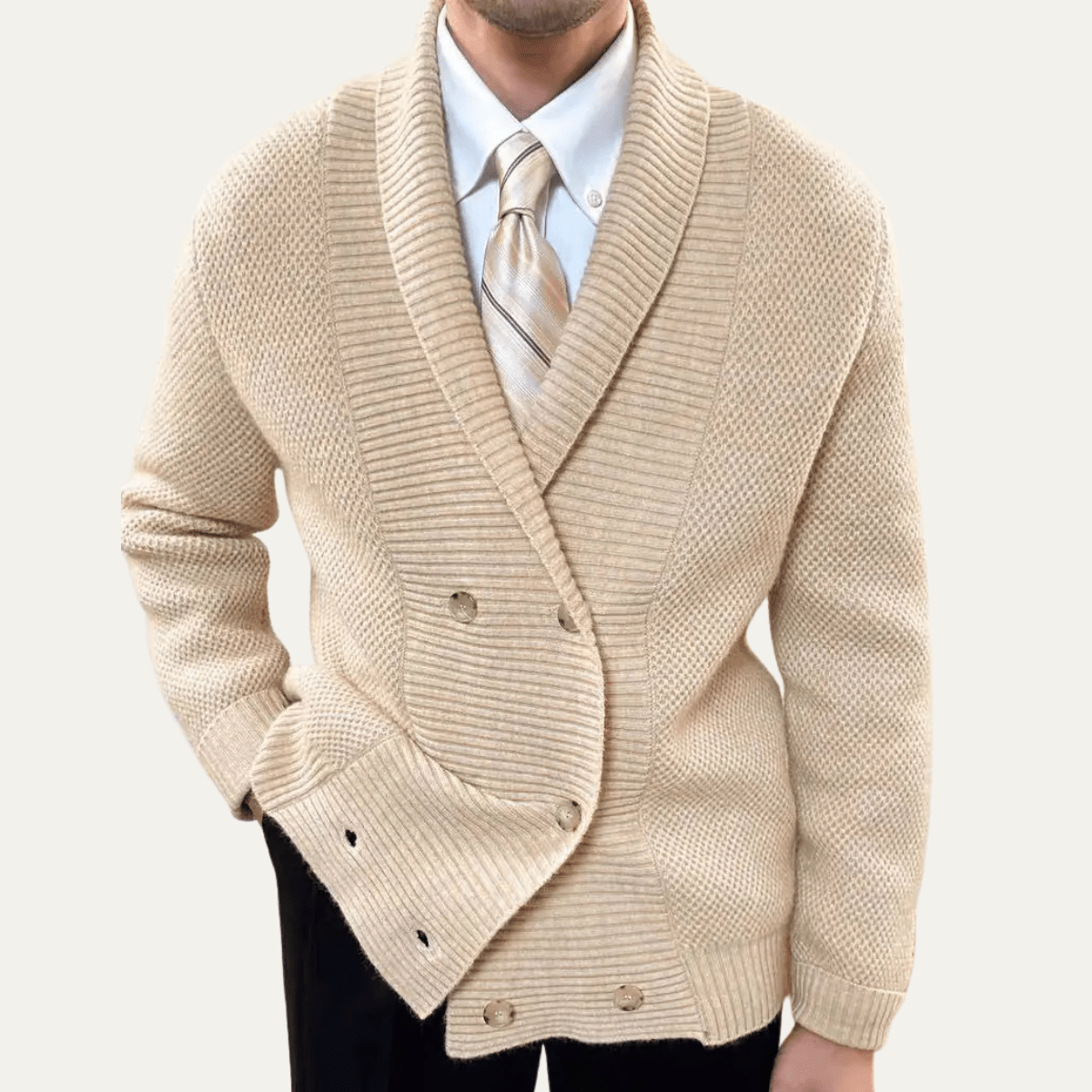 Men's Cardigan — Shawl Collar Double Breasted Knit Design - Hudson Harper - Men Cardigan
