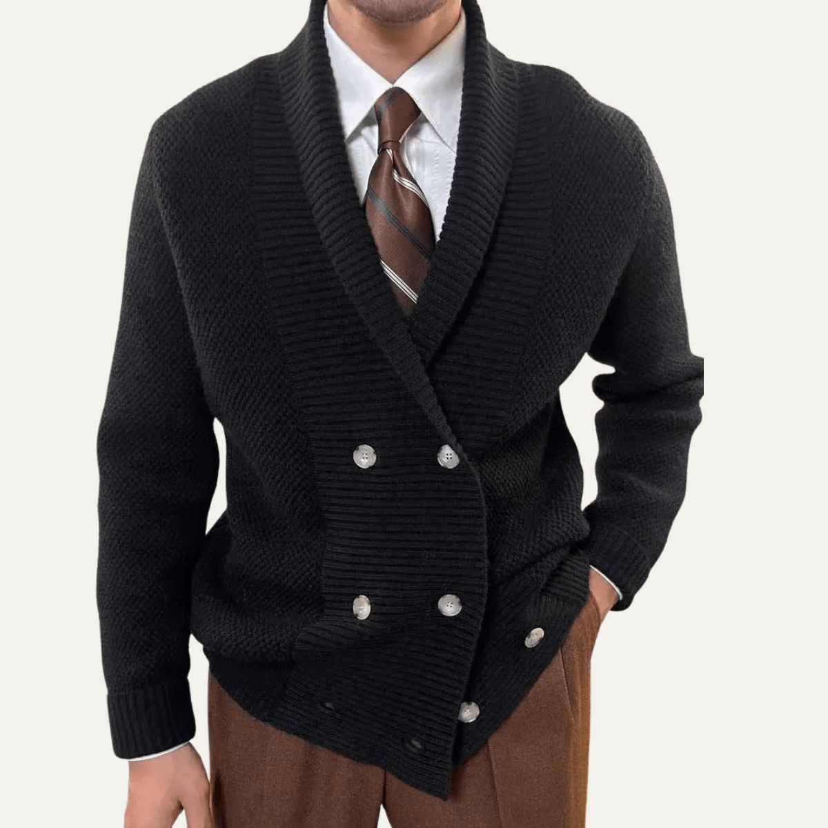 Men's Cardigan — Shawl Collar Double Breasted Knit Design - Hudson Harper - Men Cardigan