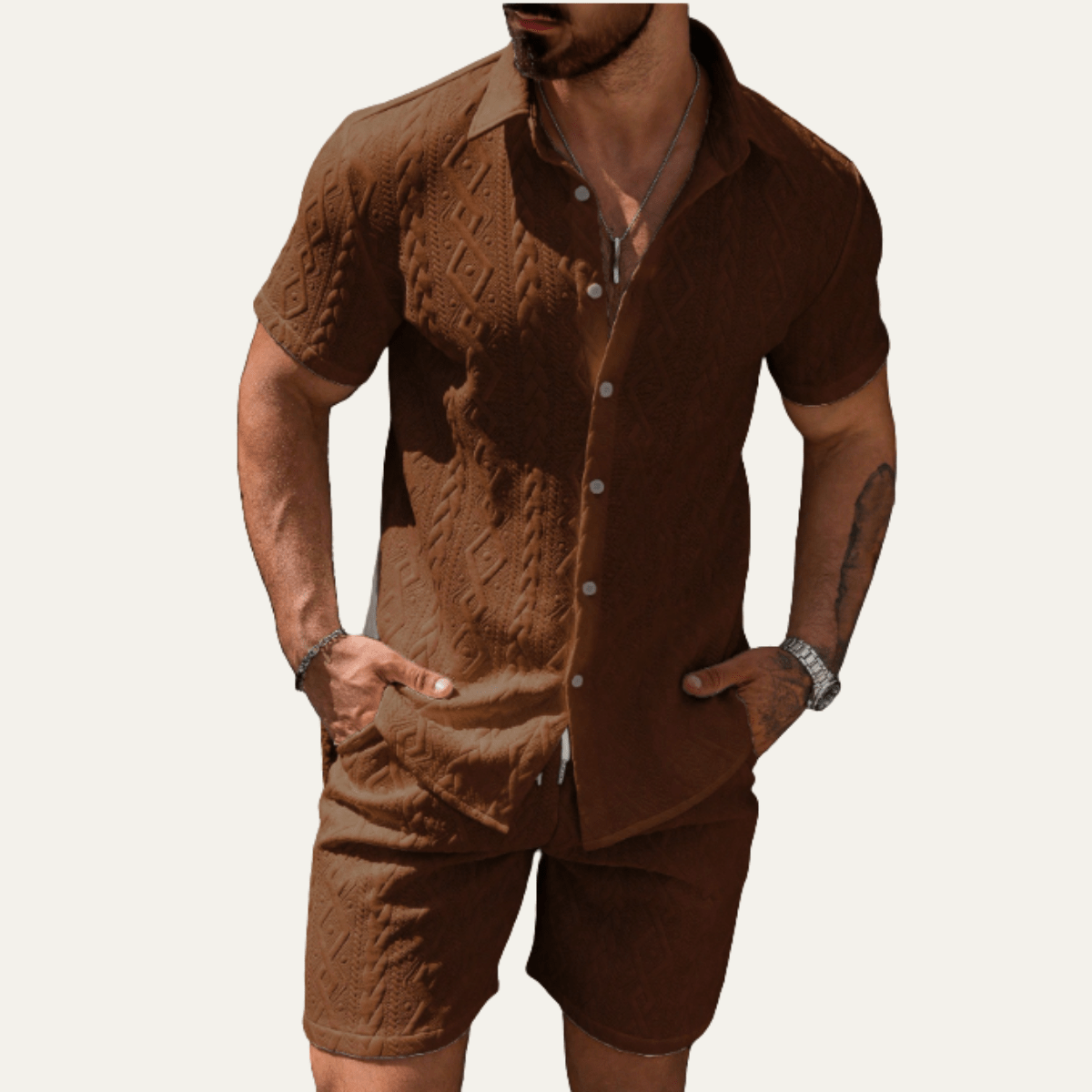 Men's Co - Ord Set — Knitted Shirt Relaxed Fit Matching Shorts - Hudson Harper - Men Set