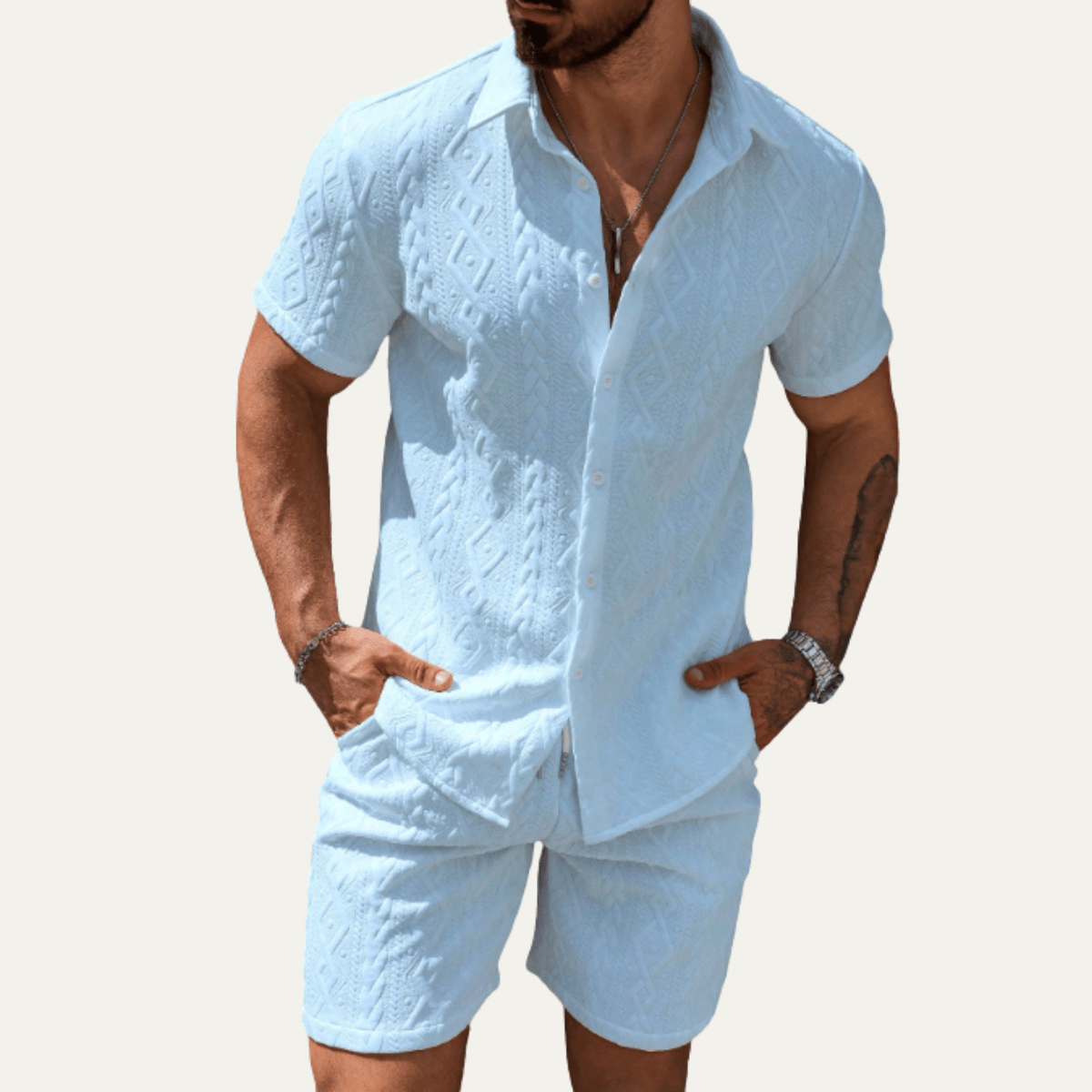 Men's Co - Ord Set — Knitted Shirt Relaxed Fit Matching Shorts - Hudson Harper - Men Set