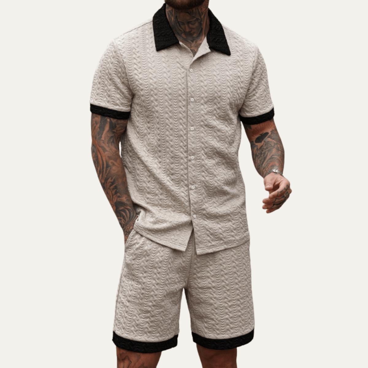 Men's Co - Ord Set — Knitted Shirt Relaxed Fit Matching Shorts - Hudson Harper - Men Set