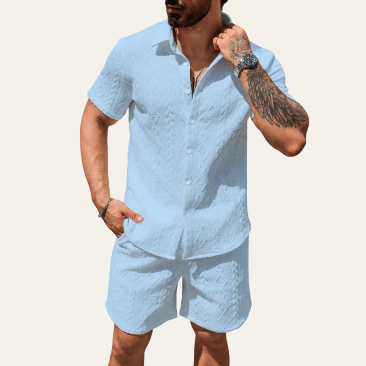 Men's Co - Ord Set — Knitted Shirt Relaxed Fit Matching Shorts - Hudson Harper - Men Set