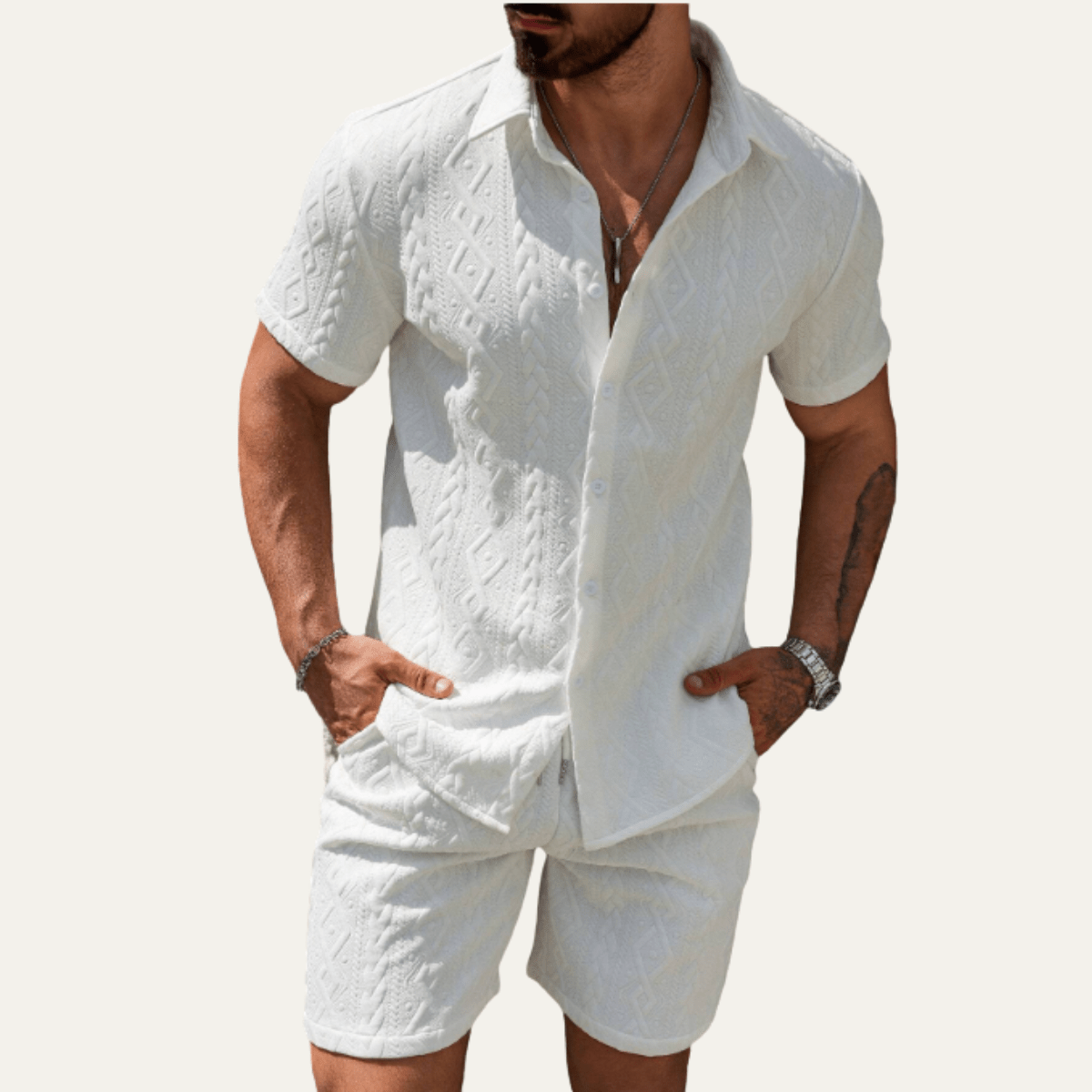 Men's Co - Ord Set — Knitted Shirt Relaxed Fit Matching Shorts - Hudson Harper - Men Set