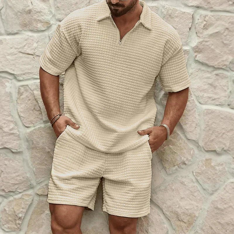 Men's Co - Ord Set — Zip Polo Drawstring Relaxed Fit Shorts - Hudson Harper - Men Set