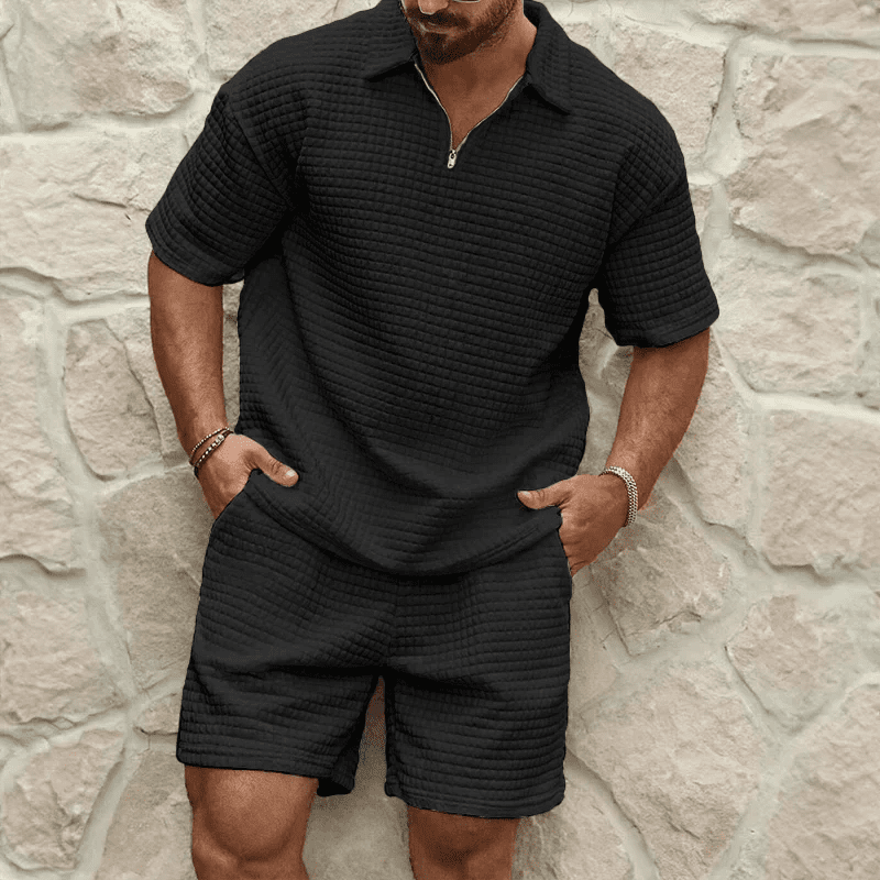 Men's Co - Ord Set — Zip Polo Drawstring Relaxed Fit Shorts - Hudson Harper - Men Set