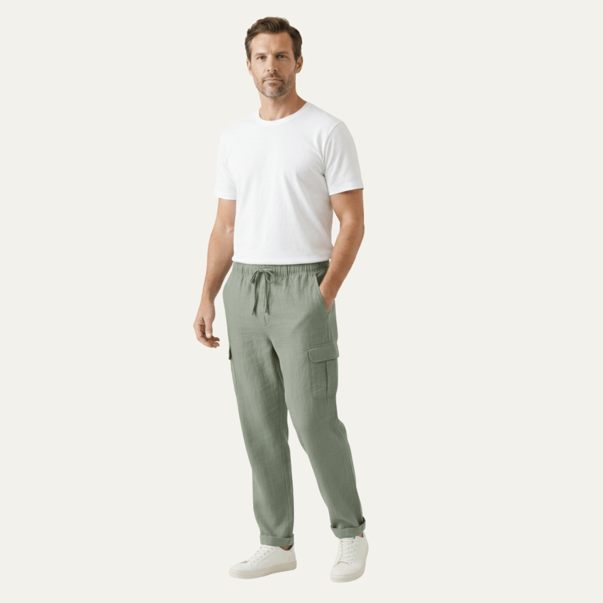 Men's Linen Cargo Trousers - Wide Fit Multi Pocket Design - Hudson Harper - Men Pants