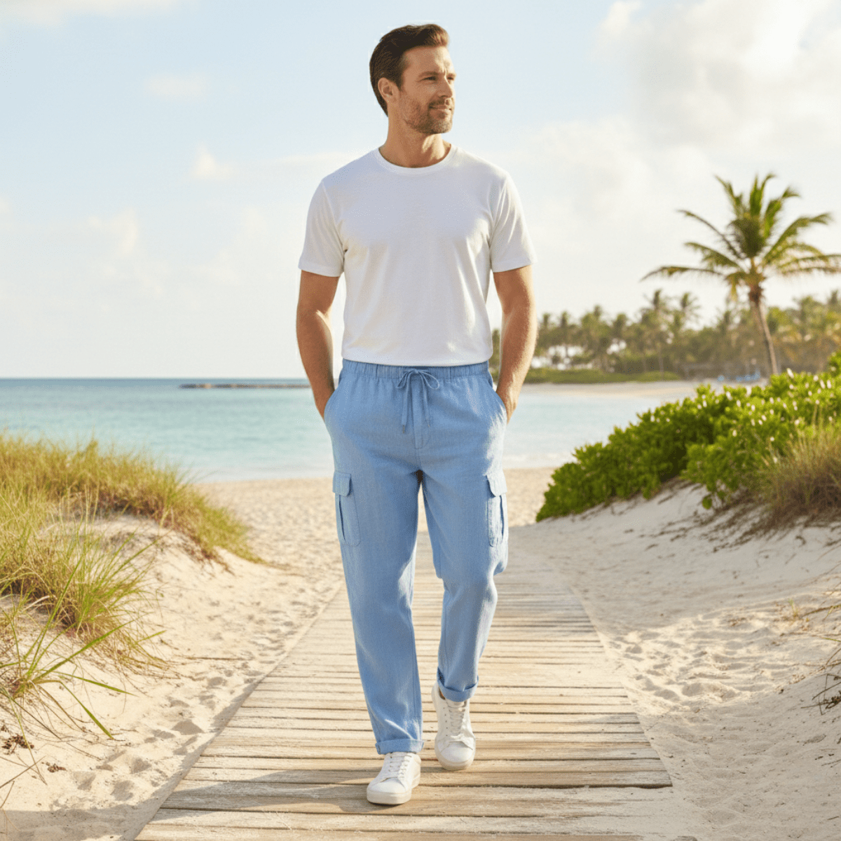 Men's Linen Cargo Trousers - Wide Fit Multi Pocket Design - Hudson Harper - Men Pants