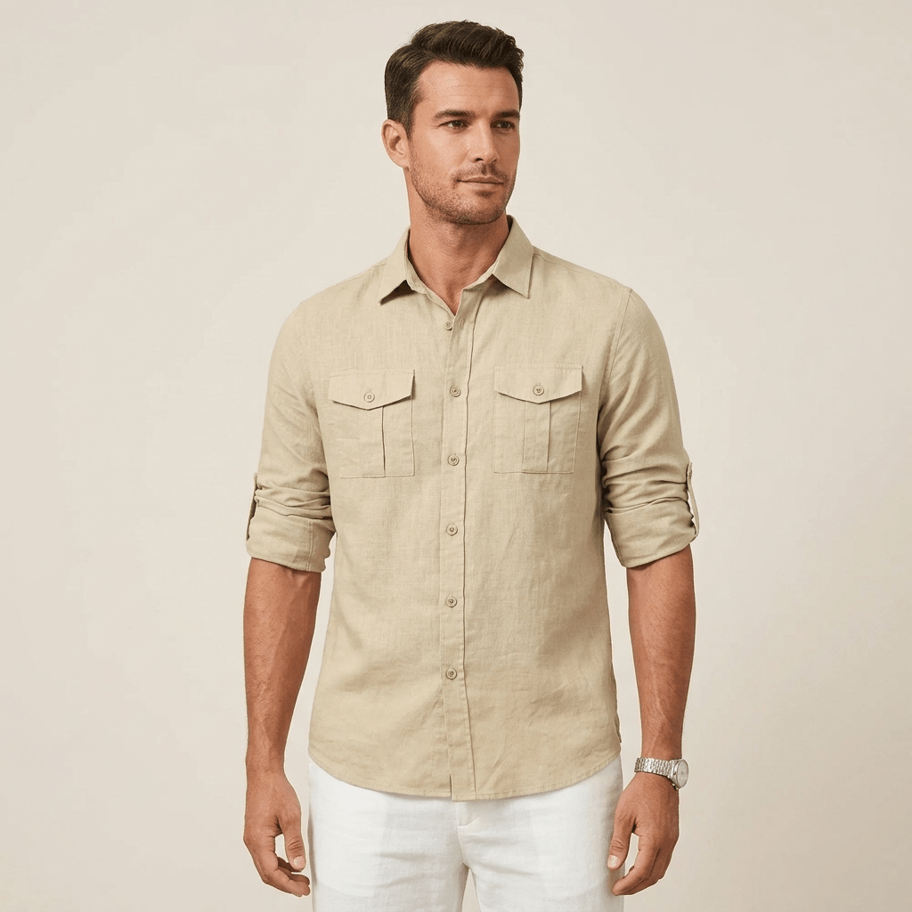 Men's Linen Shirt - Loose Fit Long Sleeve Button Closure - Hudson Harper - Men Shirt