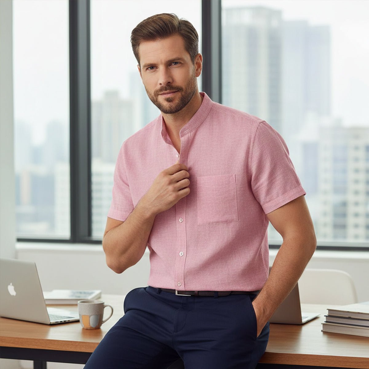 Men's Linen Shirt - Oversized Fit Short Sleeve Button Front - Hudson Harper - Men Shirt