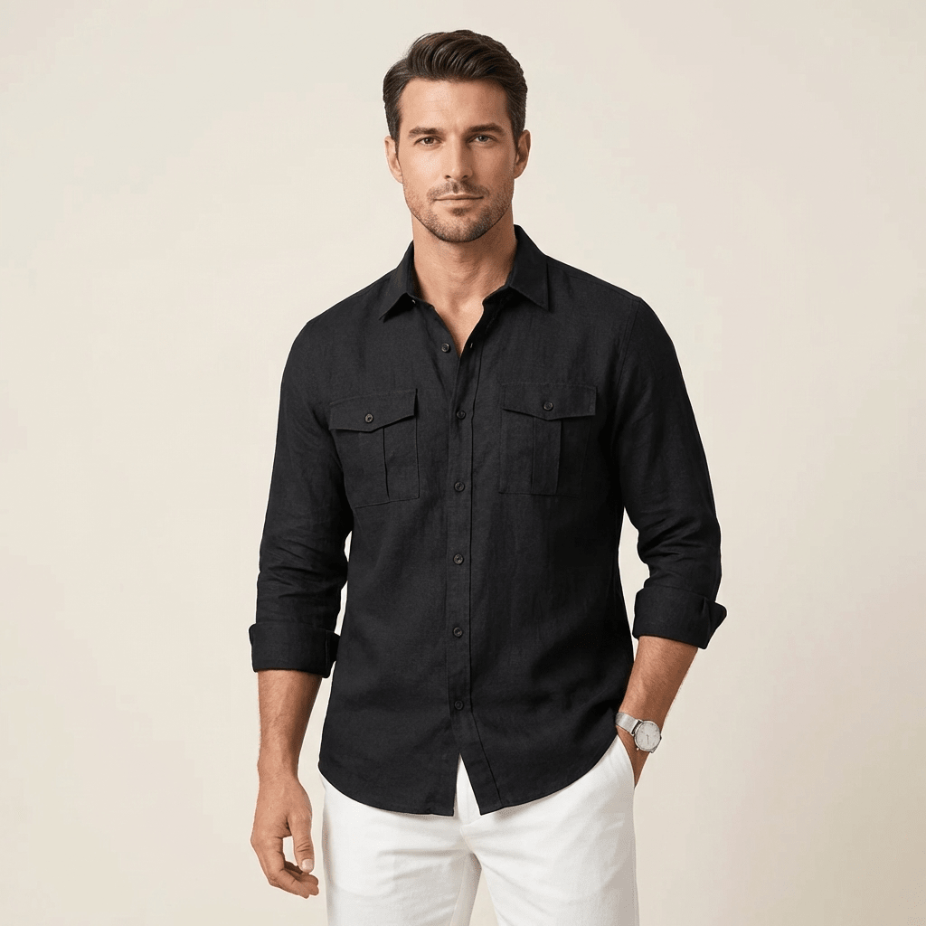Men's Linen Shirt - Regular Fit Classic Collar Button Placket - Hudson Harper - Men Shirt