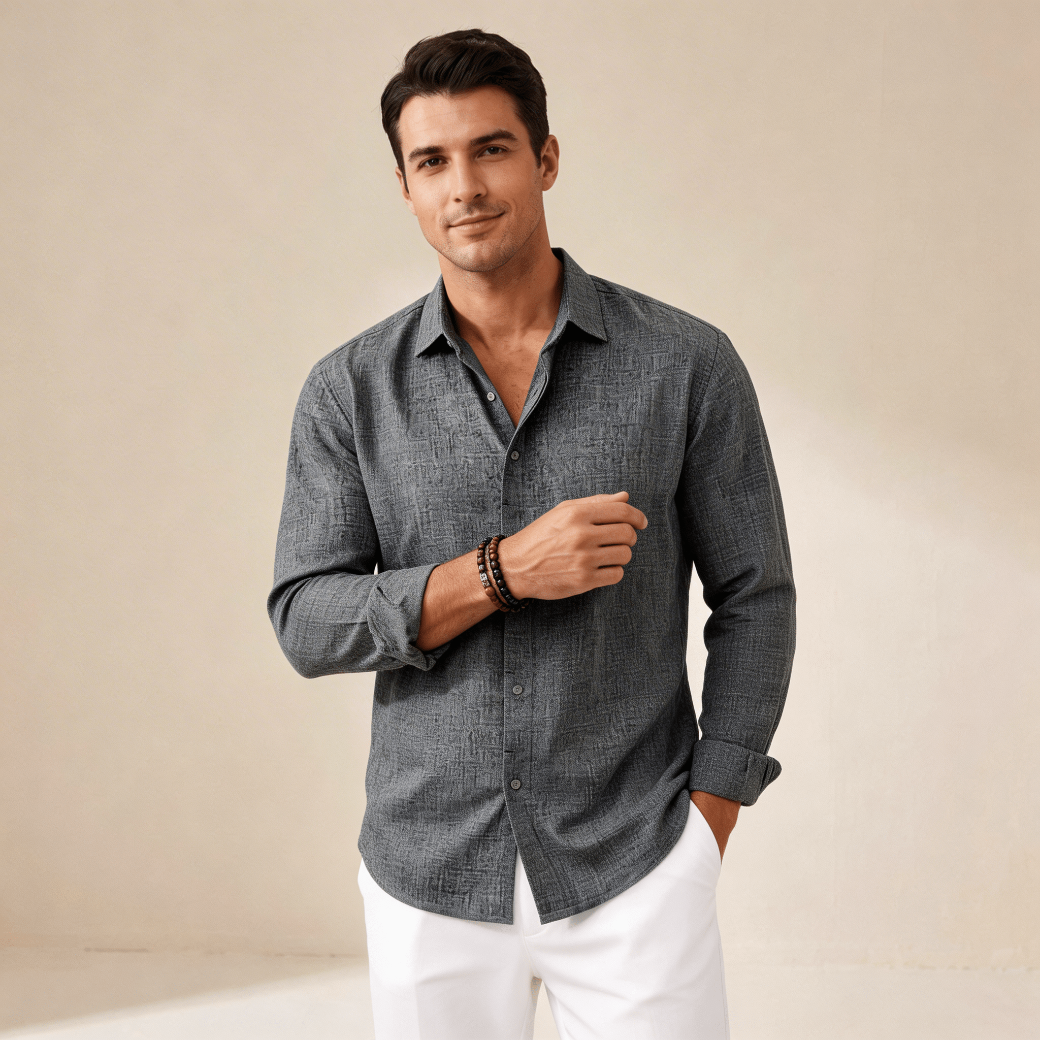 Men's Linen Shirt - Regular Fit Long Sleeve Button Placket - Hudson Harper - Men Shirt