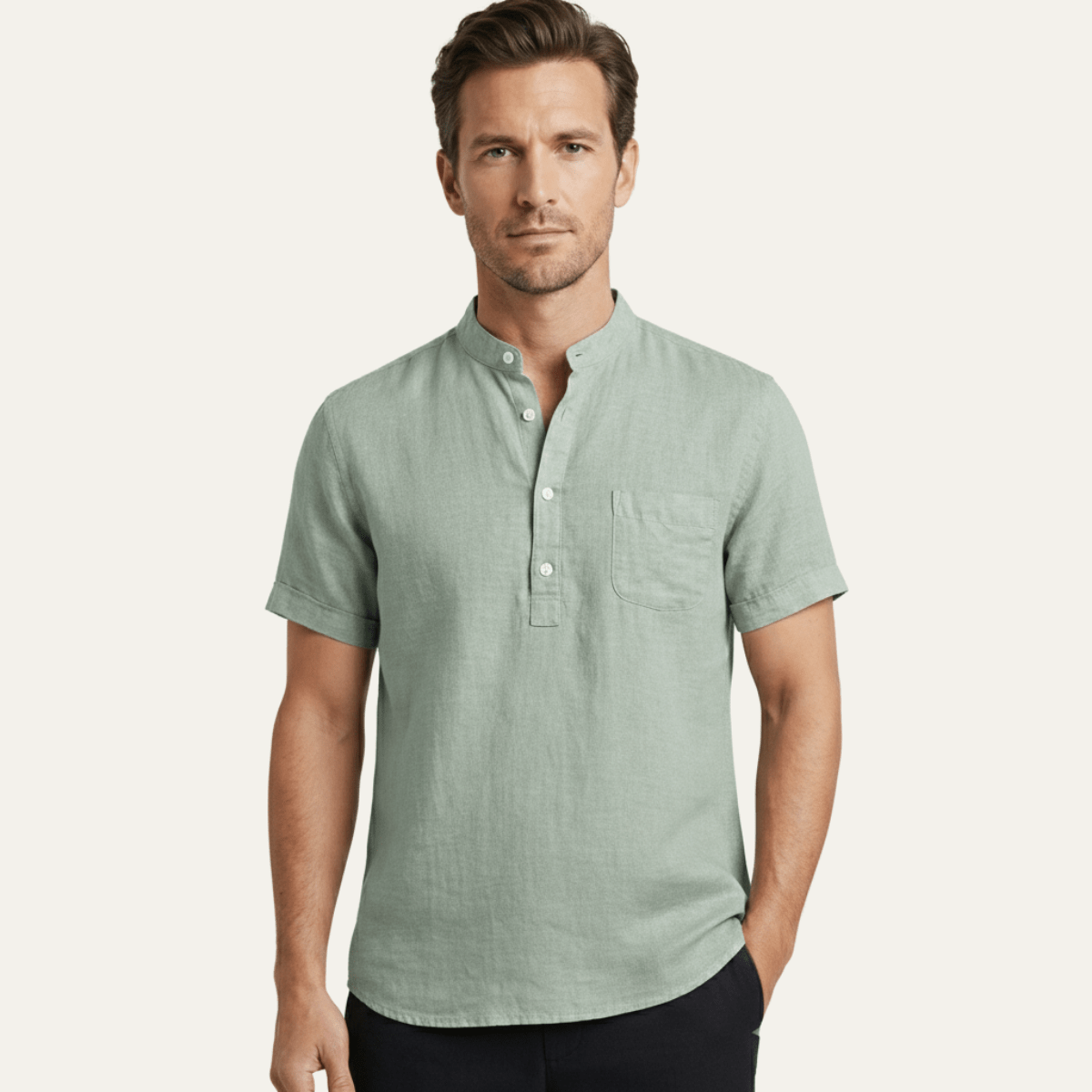 Men's Linen Shirt - Relaxed Fit Short Sleeve Henley Neck - Hudson Harper - Men Shirt