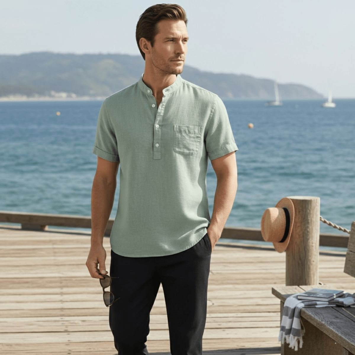 Men's Linen Shirt - Relaxed Fit Short Sleeve Henley Neck - Hudson Harper - Men Shirt