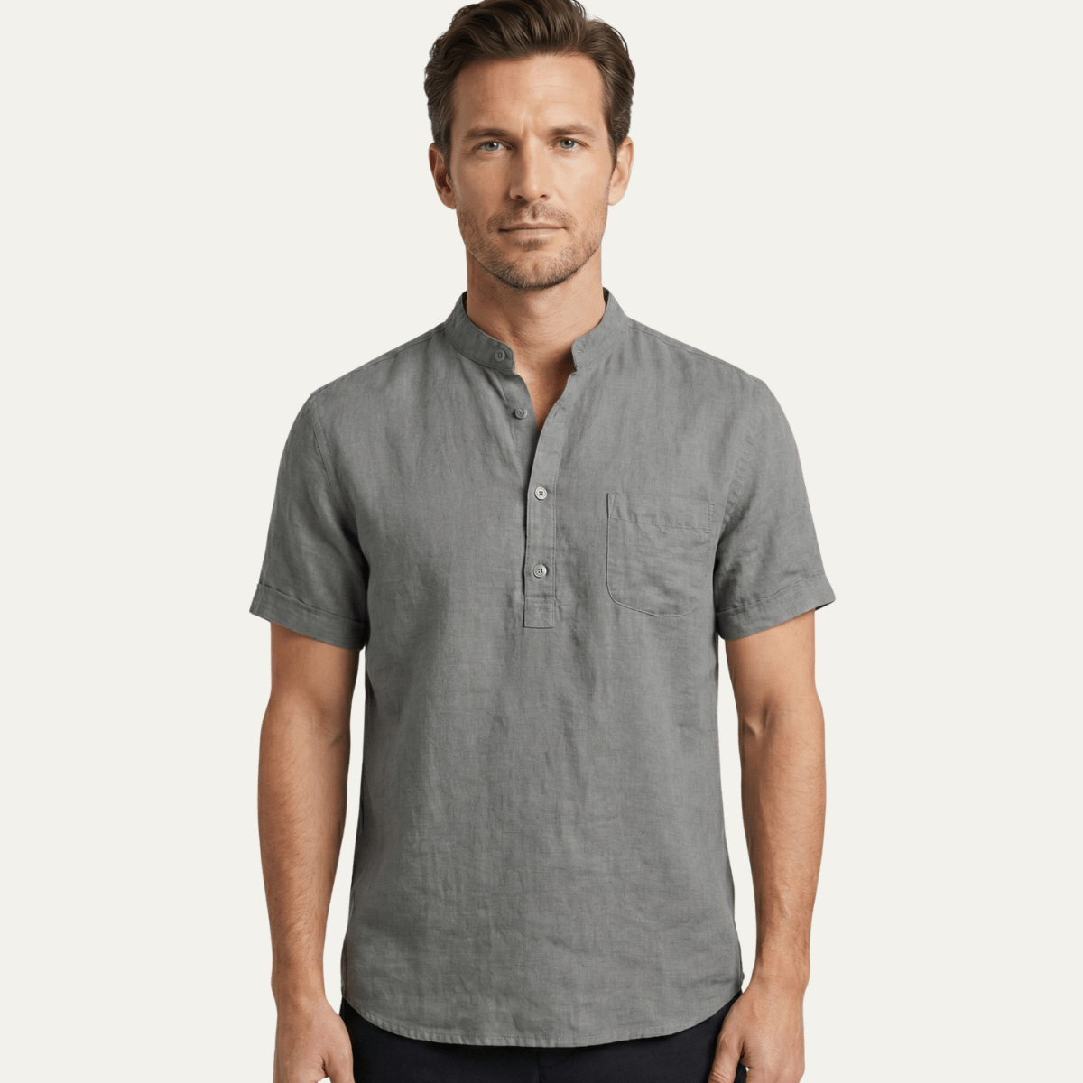 Men's Linen Shirt - Relaxed Fit Short Sleeve Henley Neck - Hudson Harper - Men Shirt