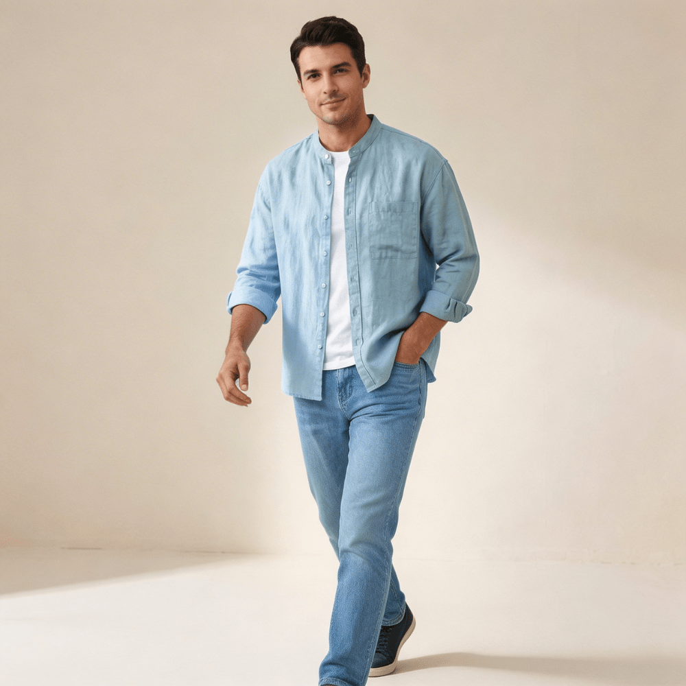 Men's Linen Shirt - Relaxed Fit Three Quarter Sleeve Button Front - Hudson Harper - Men Shirt
