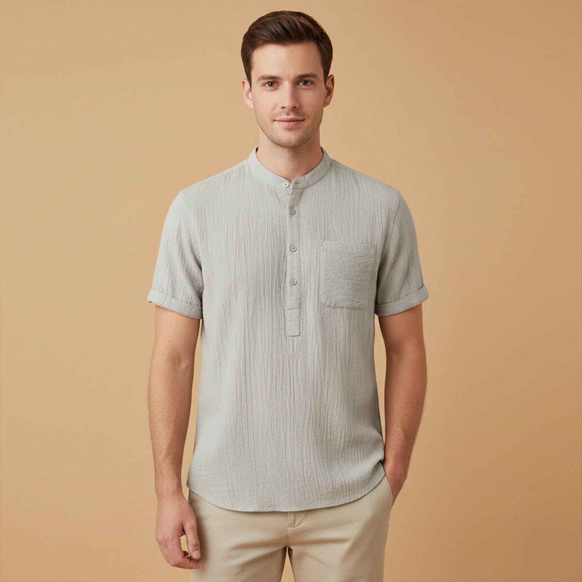 Men's Linen Shirt - Short Sleeve Henley Neck Pullover Style - Hudson Harper - Men Shirt