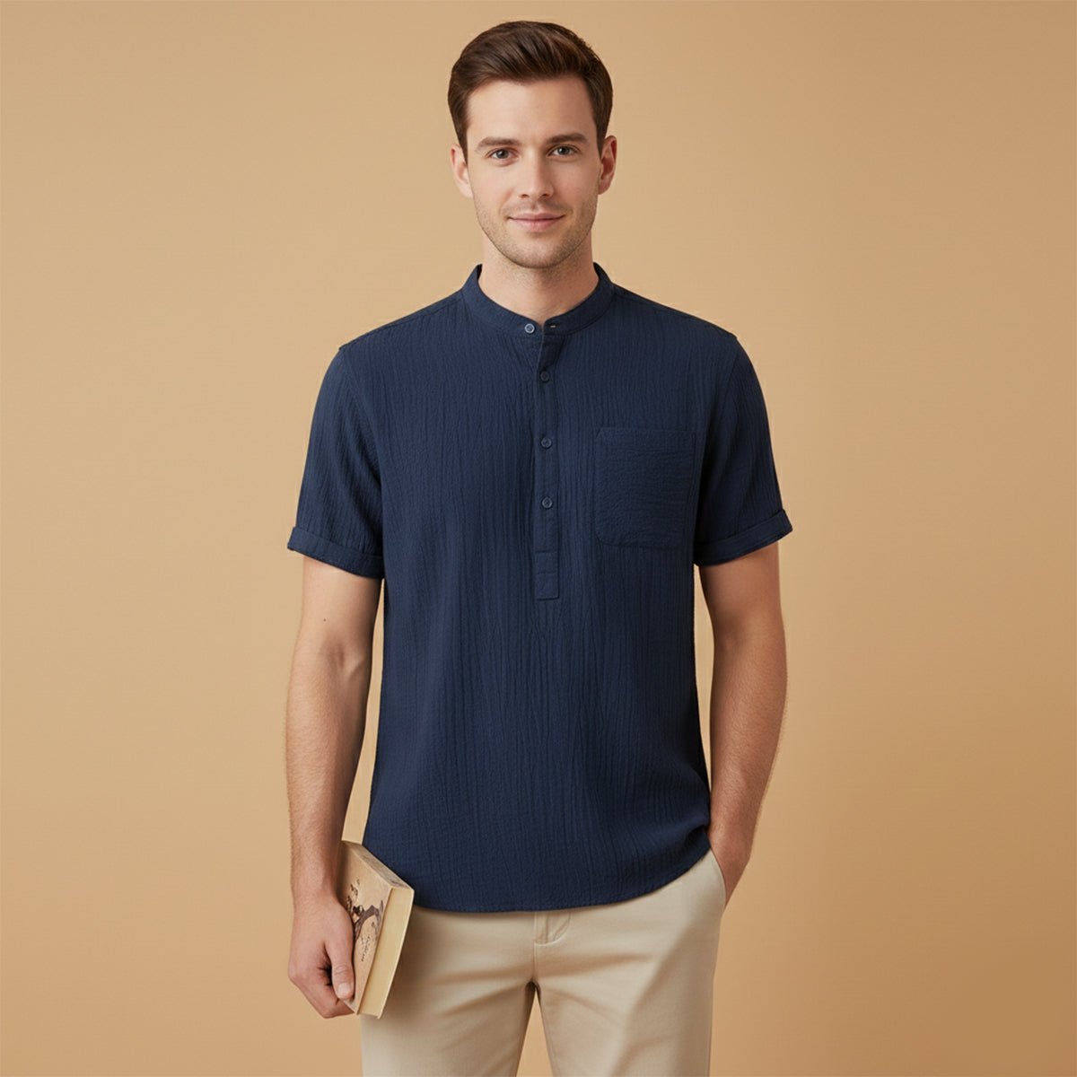 Men's Linen Shirt - Short Sleeve Henley Neck Pullover Style - Hudson Harper - Men Shirt