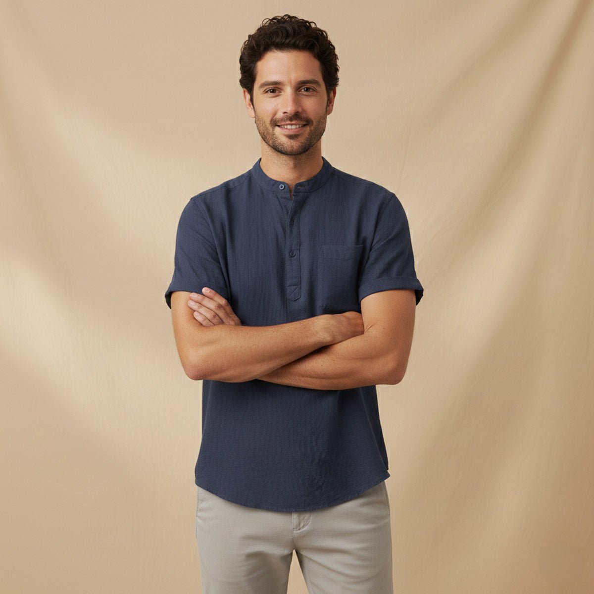 Men's Linen Shirt - Short Sleeve Loose Fit Henley Placket - Hudson Harper - Men Shirt