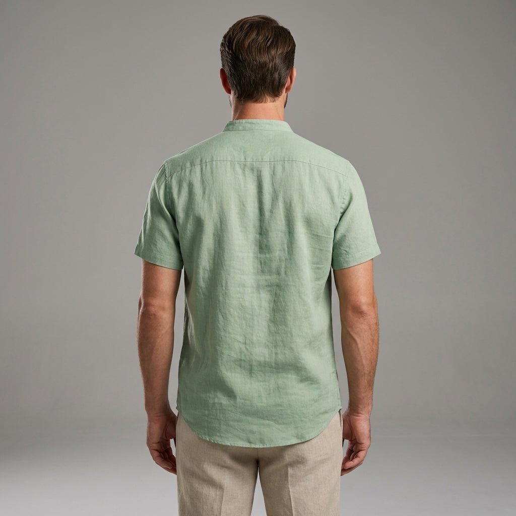 Men's Linen Shirt - Short Sleeve Stand Collar Relaxed Fit - Hudson Harper - Men Shirt