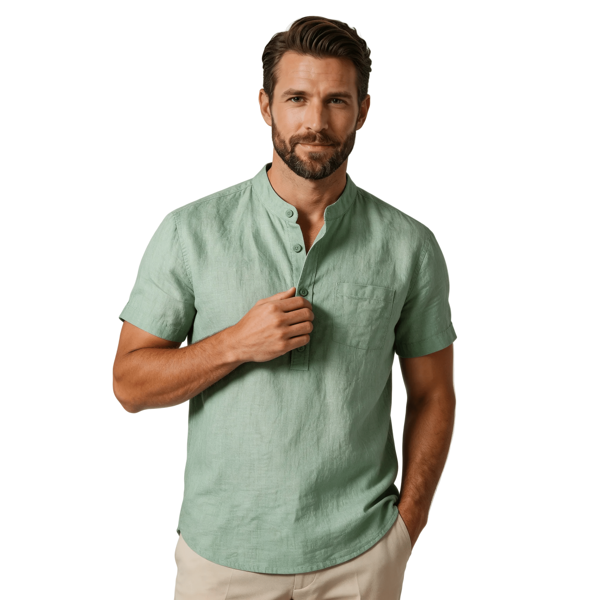 Men's Linen Shirt - Short Sleeve Stand Collar Relaxed Fit - Hudson Harper - Men Shirt