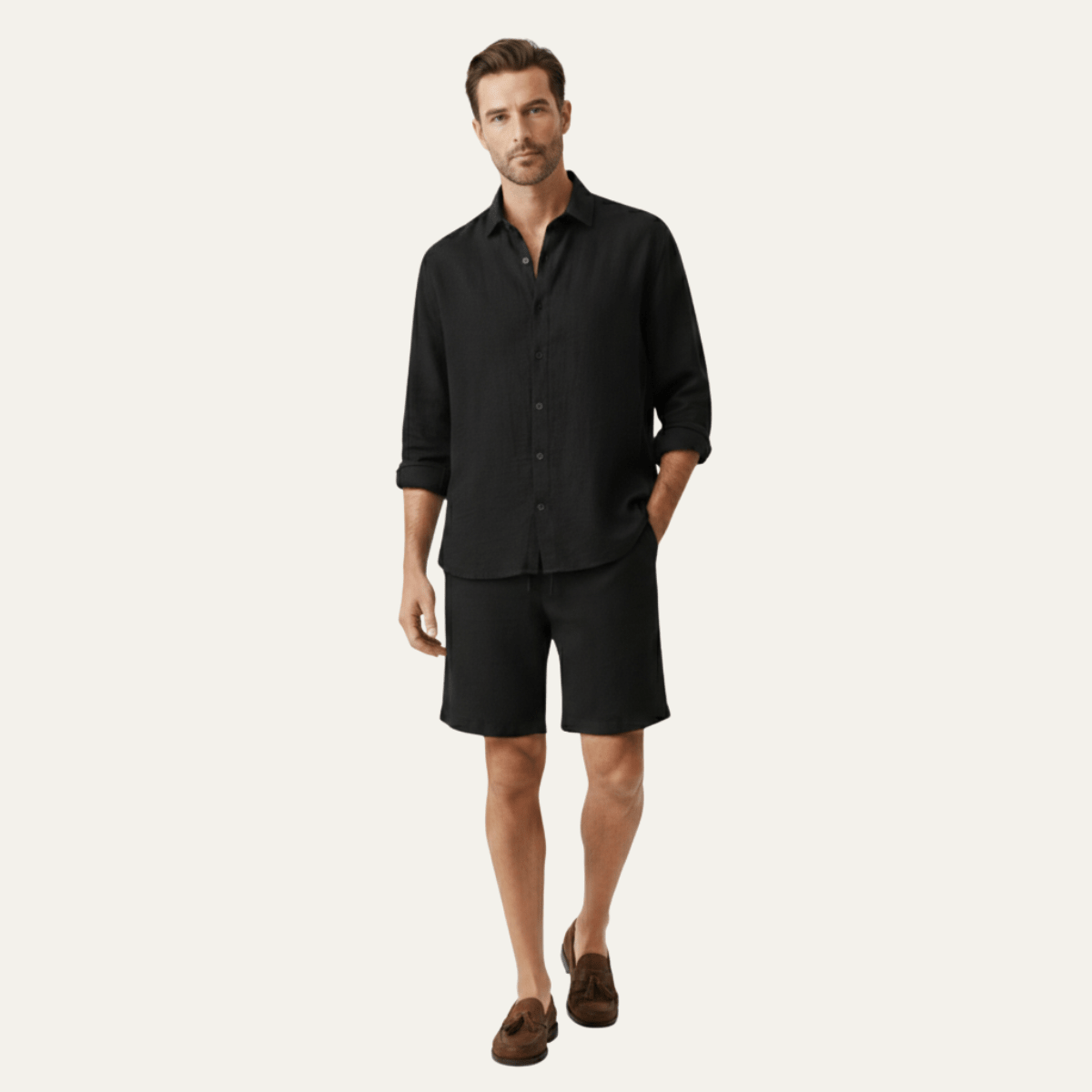 Men's Linen Shirt & Shorts Set - Long Sleeve Loose Fit Button Closure - Hudson Harper - Men Set
