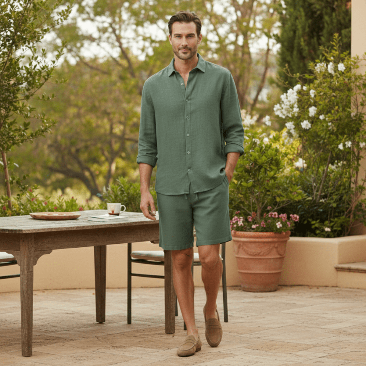Men's Linen Shirt & Shorts Set - Long Sleeve Loose Fit Button Closure - Hudson Harper - Men Set