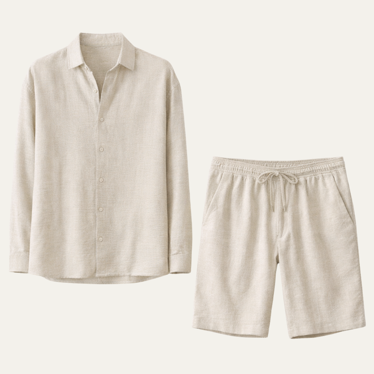 Men's Shirt & Shorts Set - Long Sleeve Loose Fit Button Closure