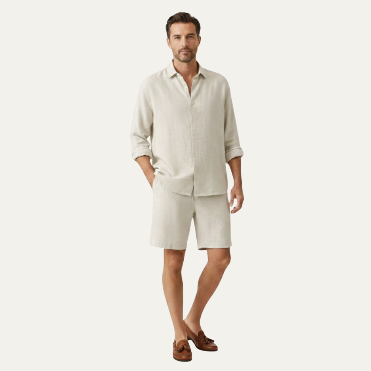 Men's Shirt & Shorts Set - Long Sleeve Loose Fit Button Closure