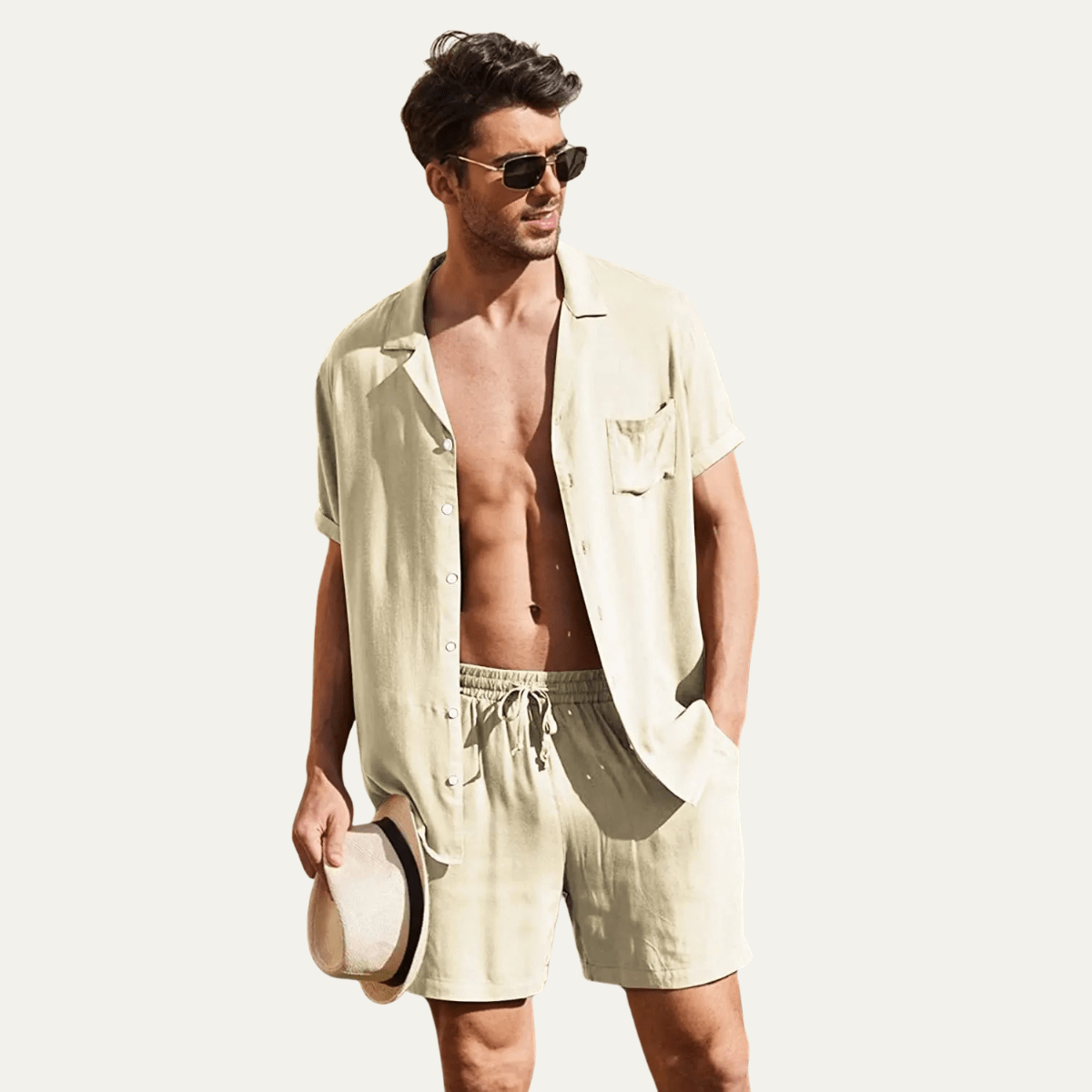 Men's Linen Shirt & Shorts Set - Loose Fit Short Sleeve Button Closure - Hudson Harper - Men Set