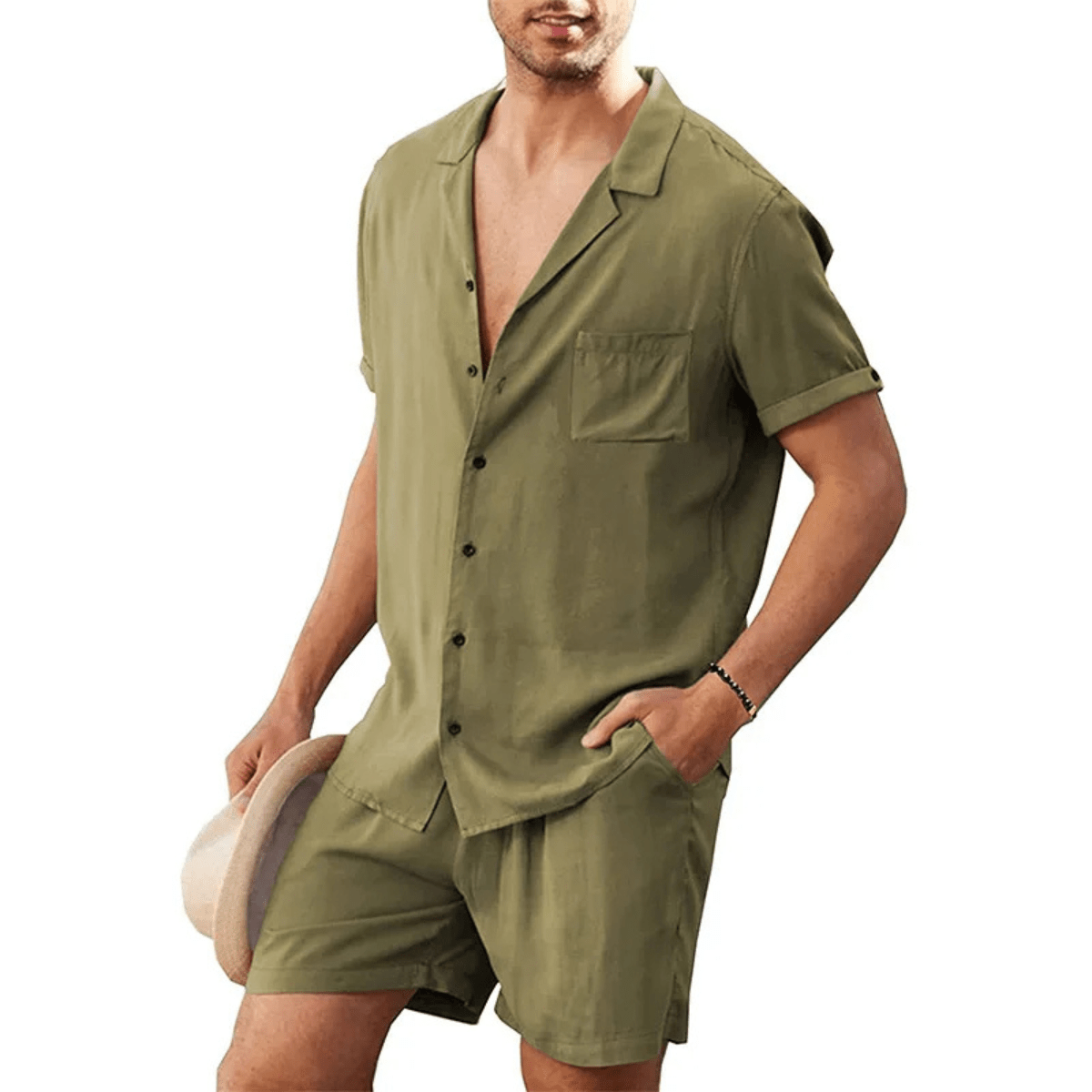 Men's Linen Shirt & Shorts Set - Loose Fit Short Sleeve Button Closure - Hudson Harper - Men Set