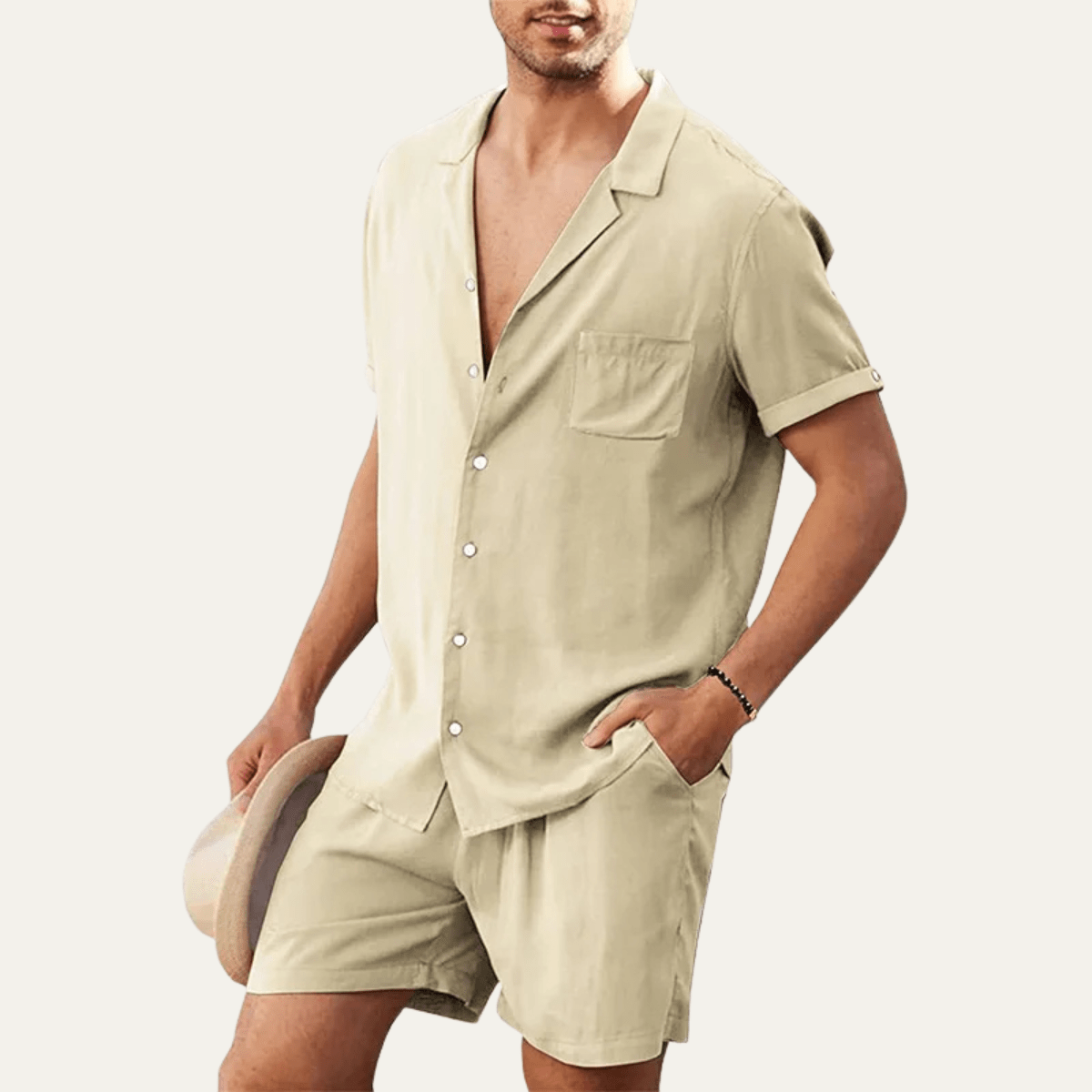 Men's Linen Shirt & Shorts Set - Loose Fit Short Sleeve Button Closure - Hudson Harper - Men Set