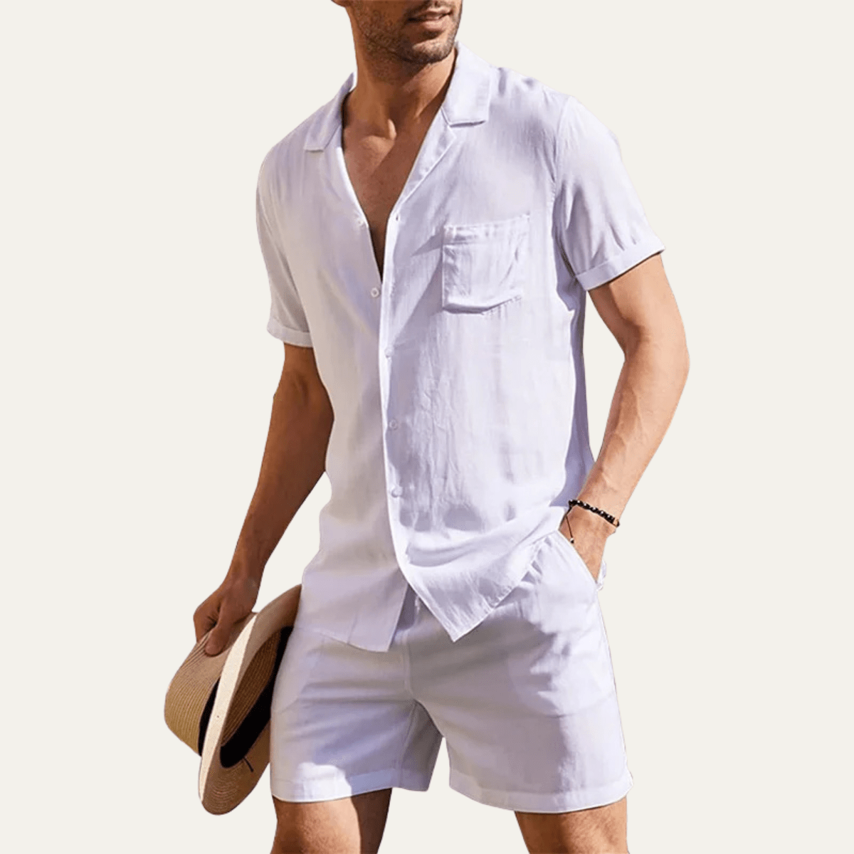 Men's Linen Shirt & Shorts Set - Loose Fit Short Sleeve Button Closure - Hudson Harper - Men Set