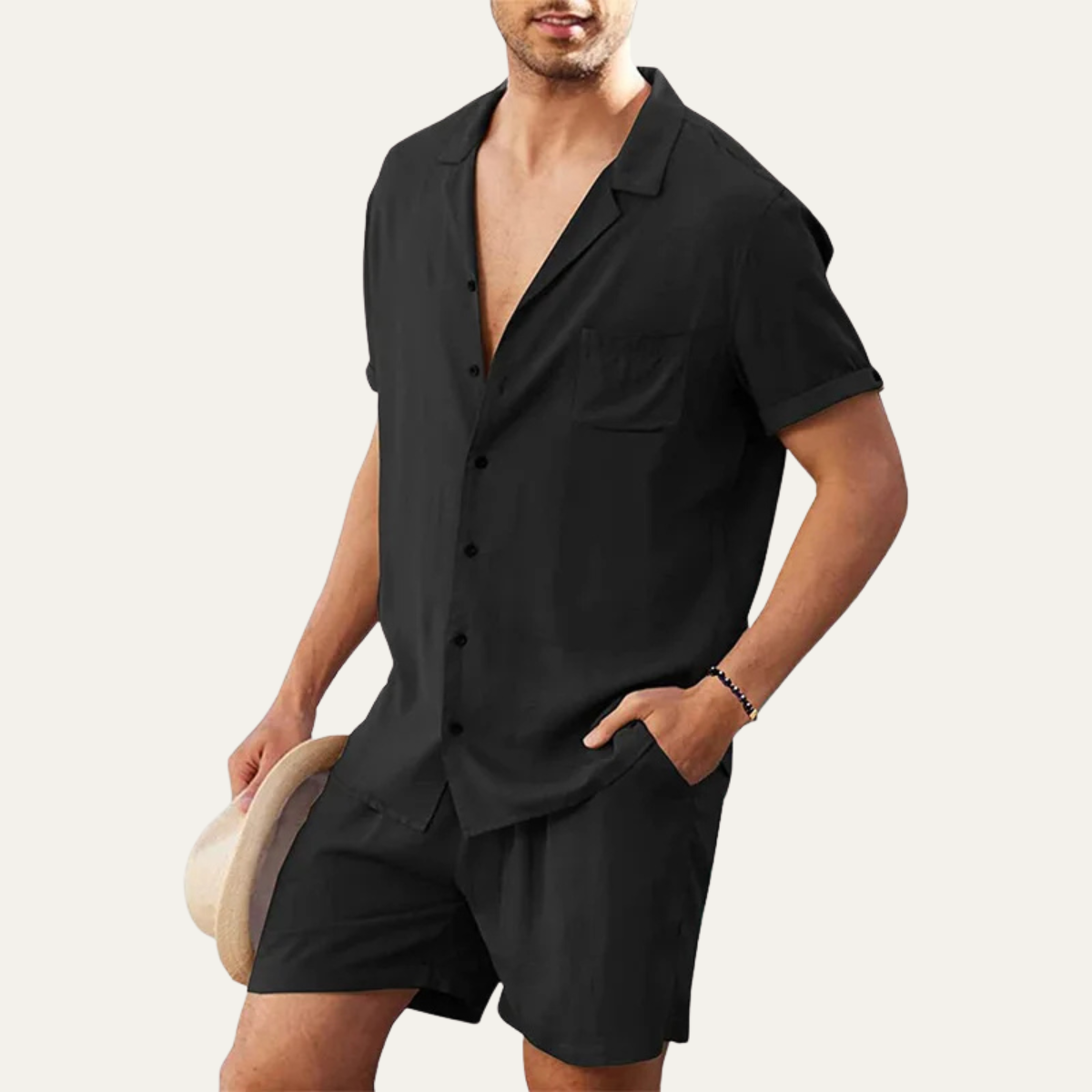 Men's Shirt & Shorts Set - Loose Fit Short Sleeve Button Closure