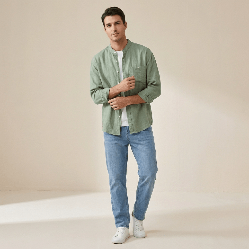 Men's Linen Shirt - Slim Fit Chest Pocket Straight Hem - Hudson Harper - Men Shirt