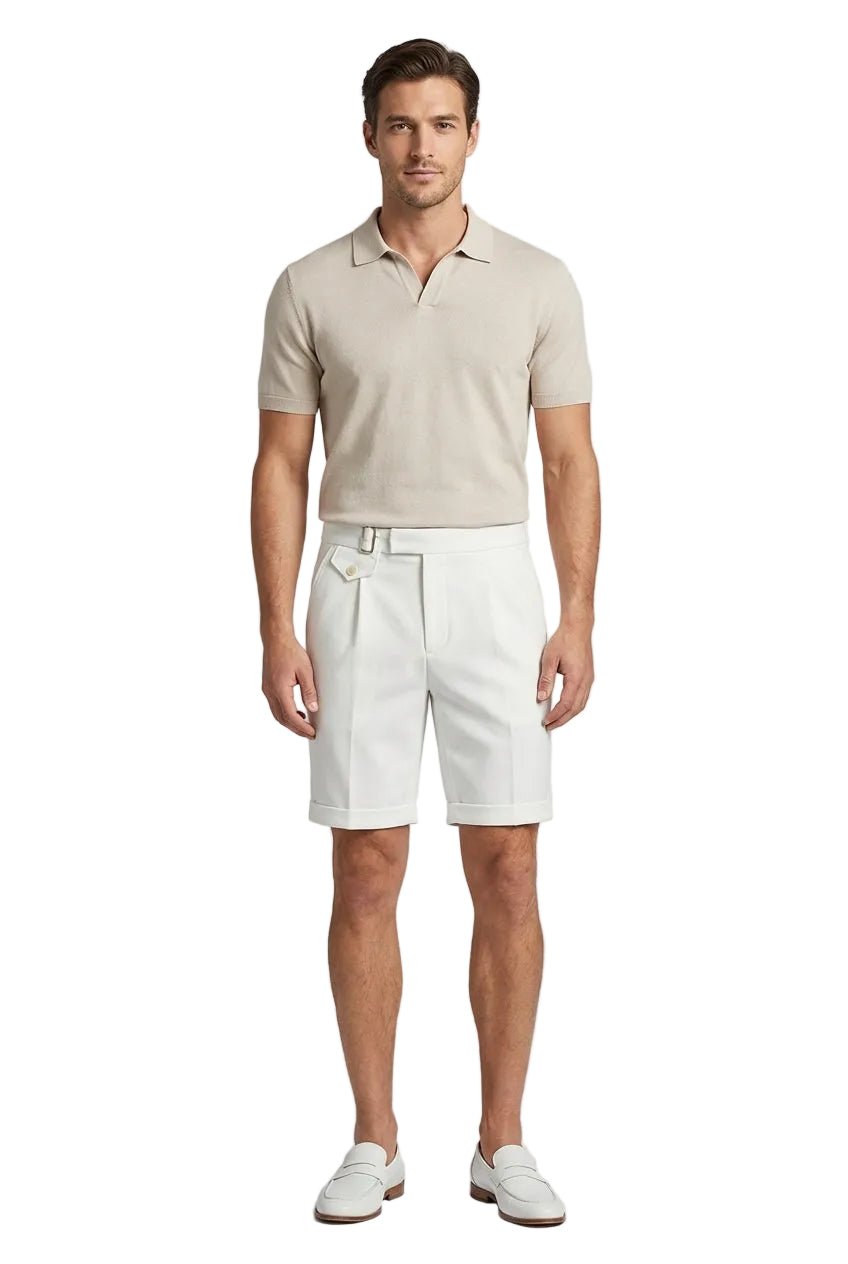 Men's Linen Shorts - Front Pleats Turn - Up Hem Side Buckle Closure - Hudson Harper - Men Shorts
