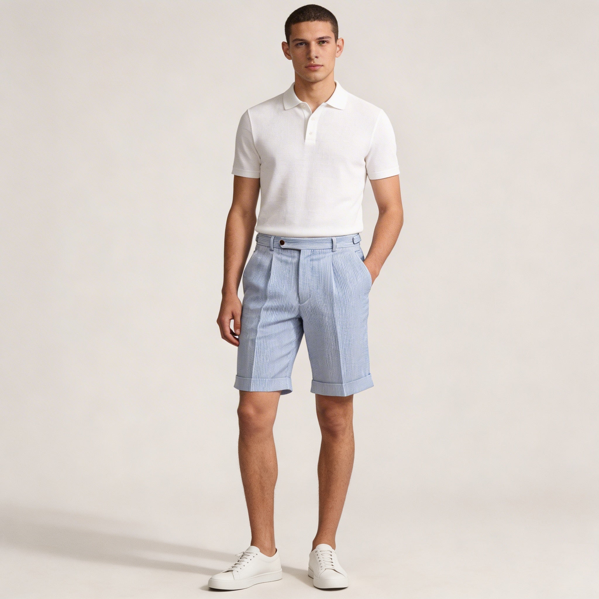 Men's Linen Shorts - High Waist Front Pleats Button Closure - Hudson Harper - Men Shorts