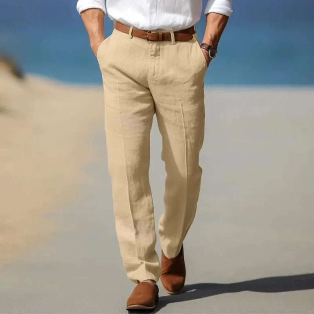Men's Linen Trousers - Loose Fit Front Zip Closure & Belt Loops - Hudson Harper - Men Pants
