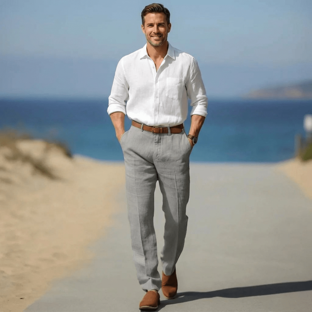Men's Linen Trousers - Loose Fit Front Zip Closure & Belt Loops - Hudson Harper - Men Pants