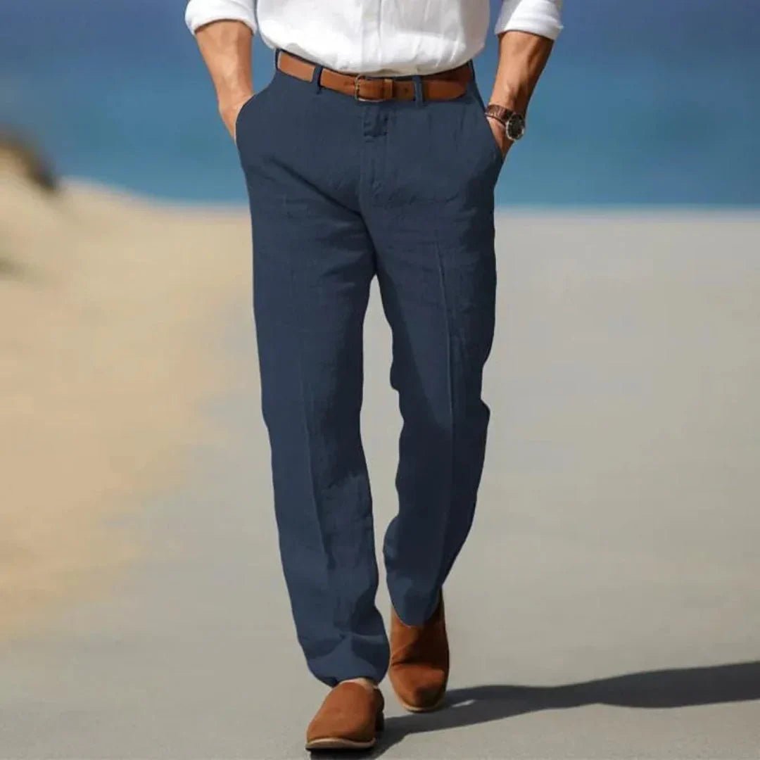 Men's Linen Trousers - Loose Fit Front Zip Closure & Belt Loops - Hudson Harper - Men Pants