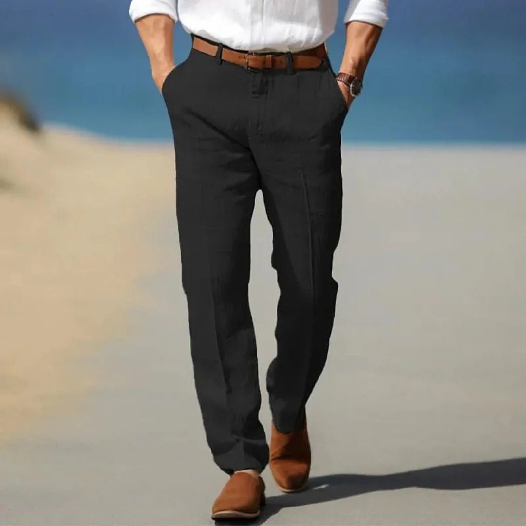 Men's Linen Trousers - Loose Fit Front Zip Closure & Belt Loops - Hudson Harper - Men Pants