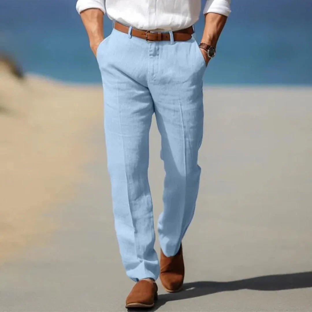 Men's Linen Trousers - Loose Fit Front Zip Closure & Belt Loops - Hudson Harper - Men Pants