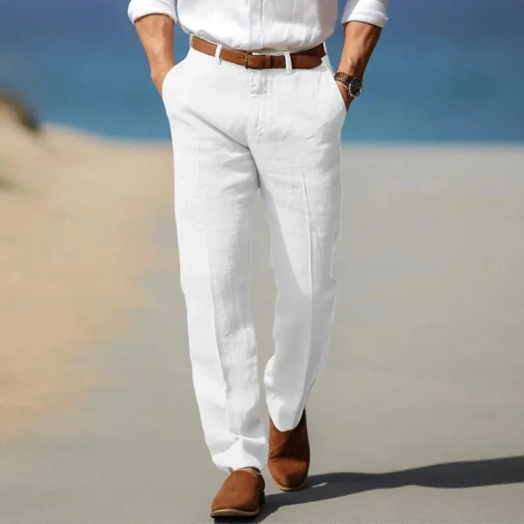 Men's Linen Trousers - Loose Fit Front Zip Closure & Belt Loops - Hudson Harper - Men Pants