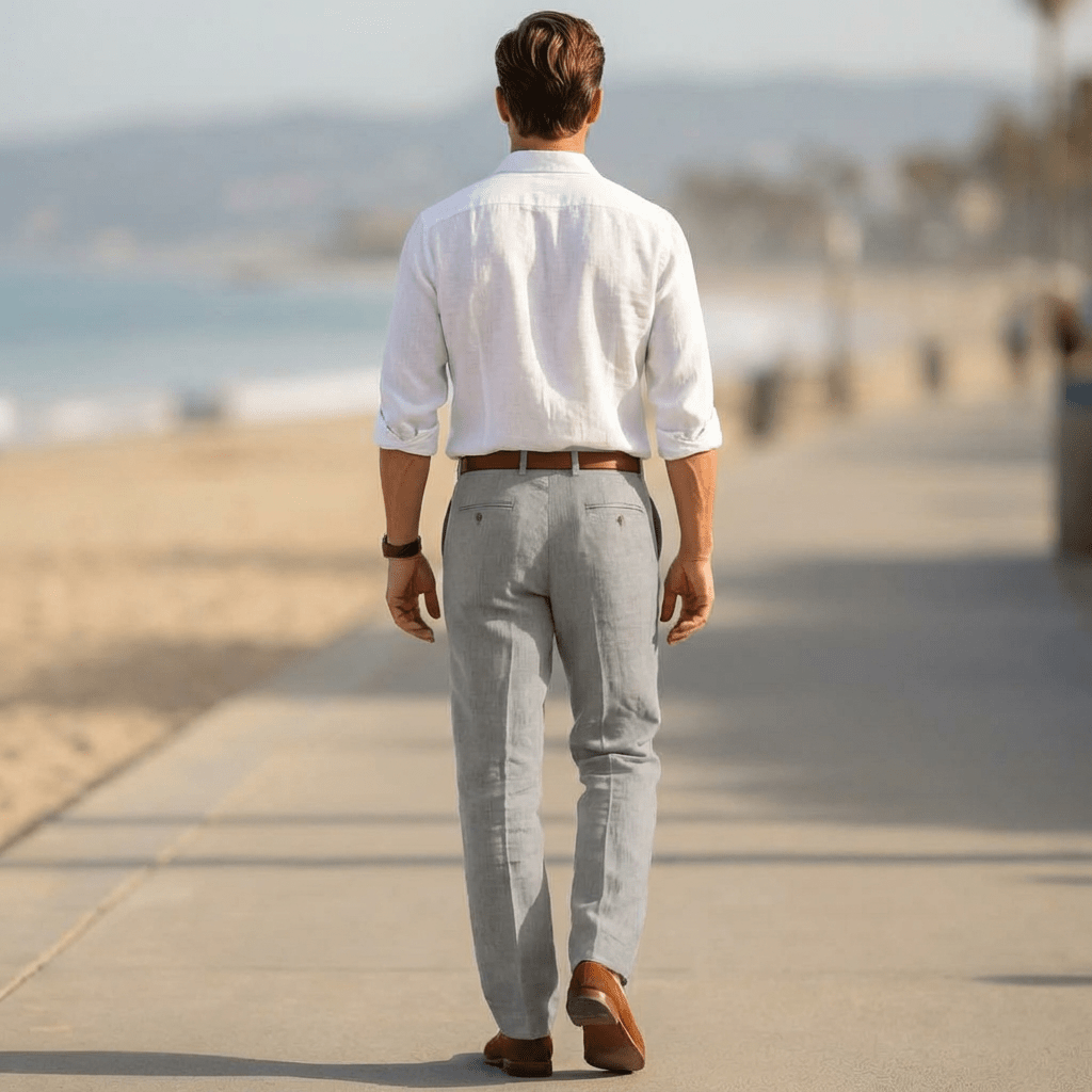 Men's Linen Trousers - Loose Fit Front Zip Closure & Belt Loops - Hudson Harper - Men Pants