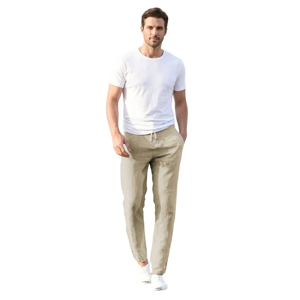 Men's Linen Trousers - Relaxed Fit Long Length Elastic Waistband - Hudson Harper - Men Pants