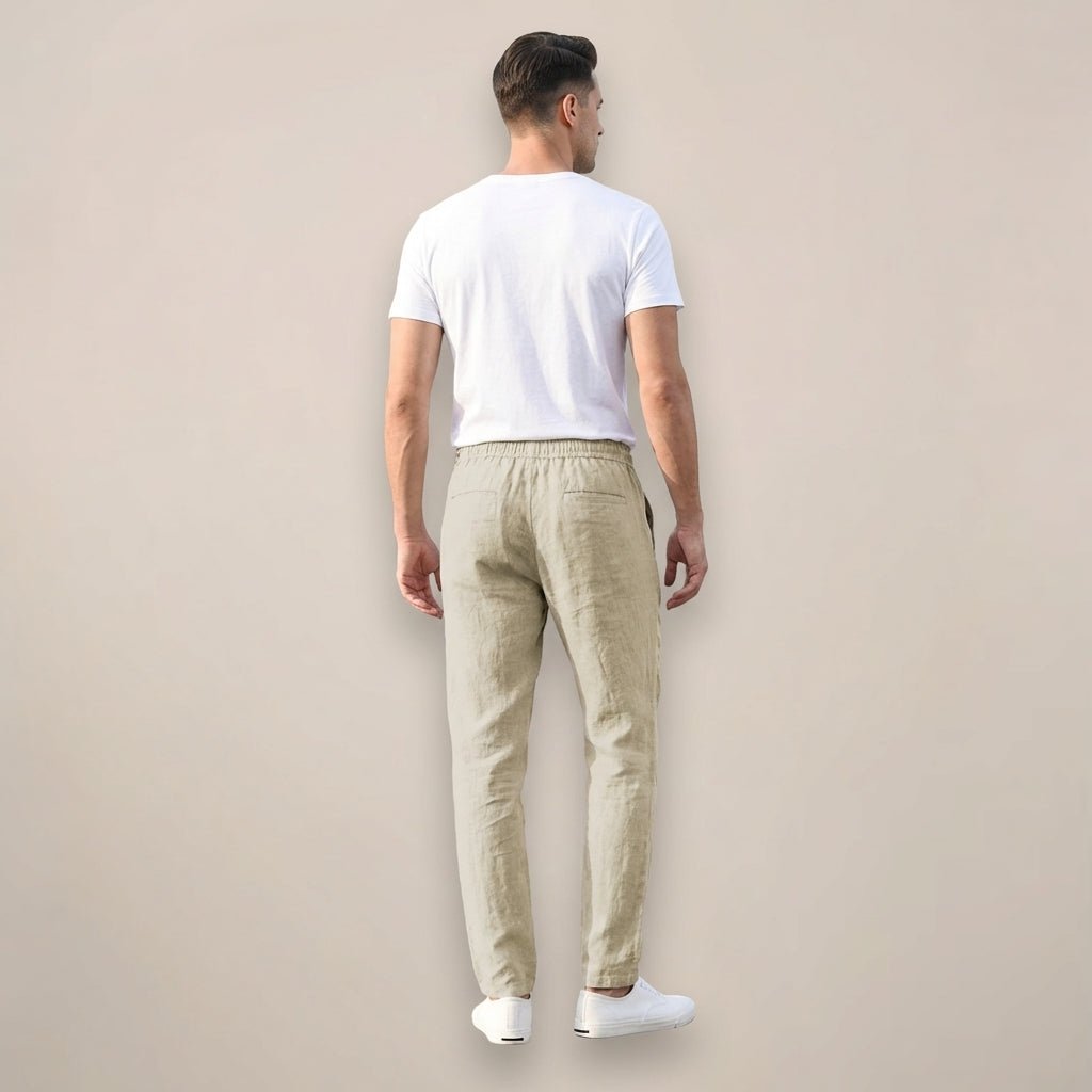 Men's Linen Trousers - Relaxed Fit Long Length Elastic Waistband - Hudson Harper - Men Pants
