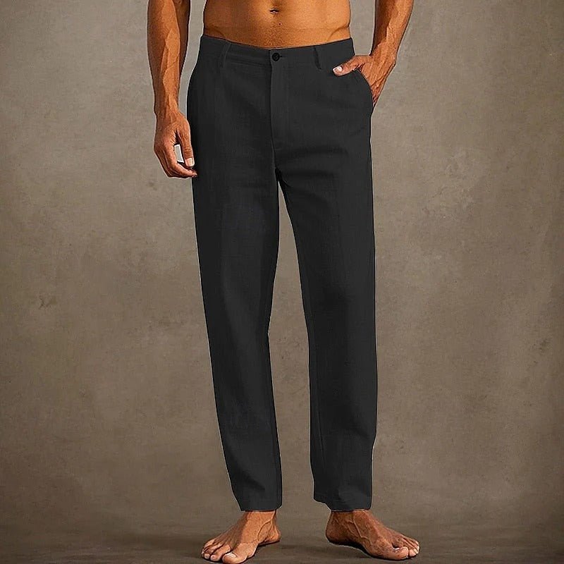 Men's Linen Trousers - Relaxed Fit Straight Leg Button & Zip Closure - Hudson Harper - Men Pants