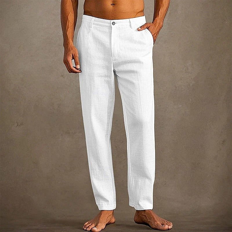 Men's Linen Trousers - Relaxed Fit Straight Leg Button & Zip Closure - Hudson Harper - Men Pants