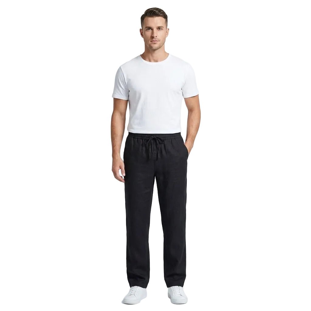 Men's Linen Trousers - Relaxed Fit Straight Leg Drawstring - Hudson Harper - Men Pants