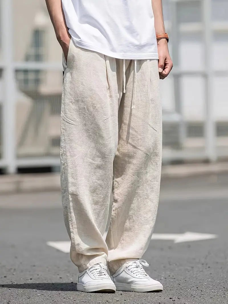 Men's Linen Trousers - Wide Leg Full Length Elastic Drawstring Waist - Hudson Harper - Men Pants