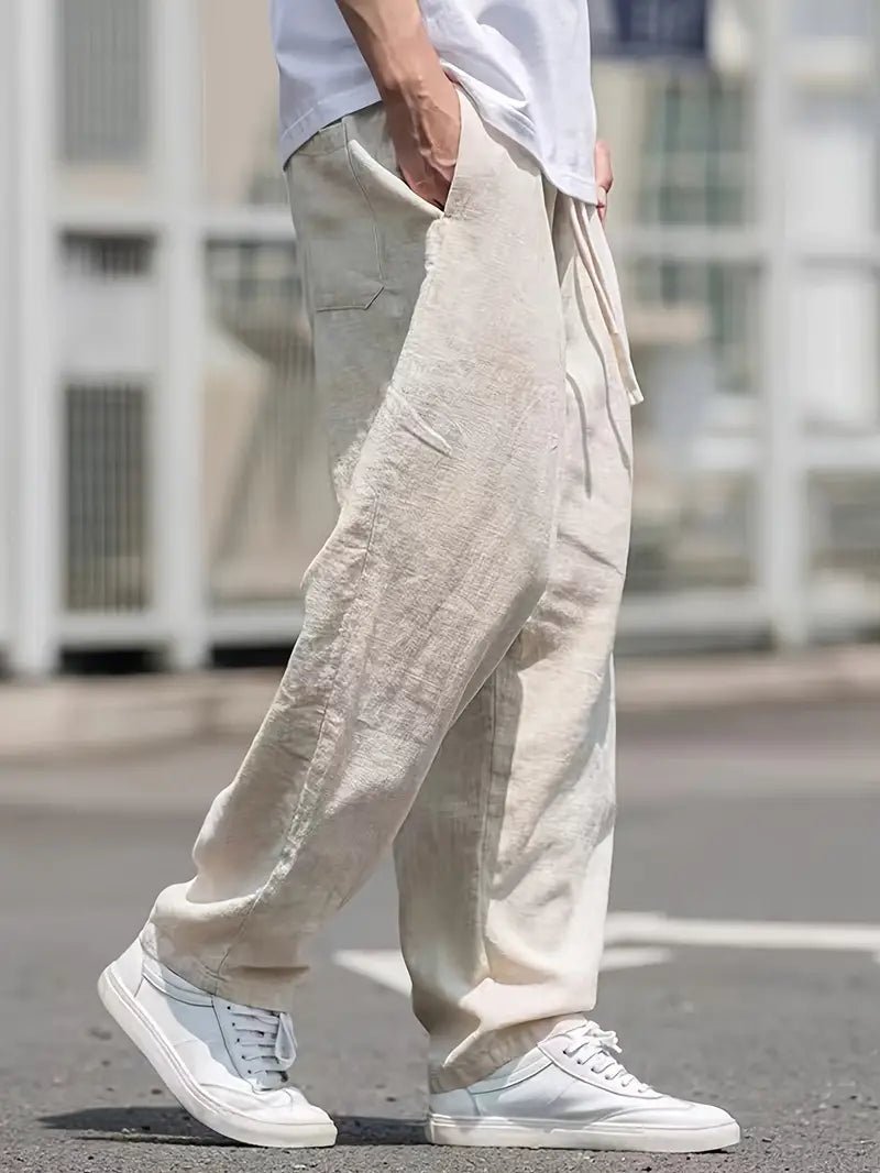 Men's Linen Trousers - Wide Leg Full Length Elastic Drawstring Waist - Hudson Harper - Men Pants